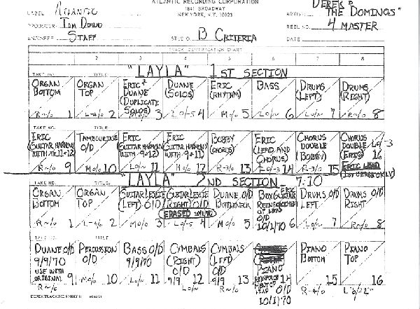 studiosheet for Layla (one of the 12 sheets), Derek + The Dominos - The Layla Sessions